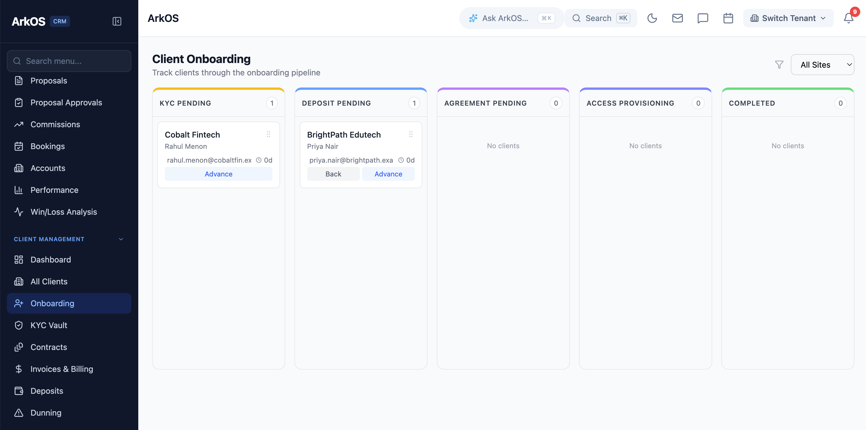 ArkOS Client Lifecycle Management — onboarding stages from KYC through Access Provisioning to Completed