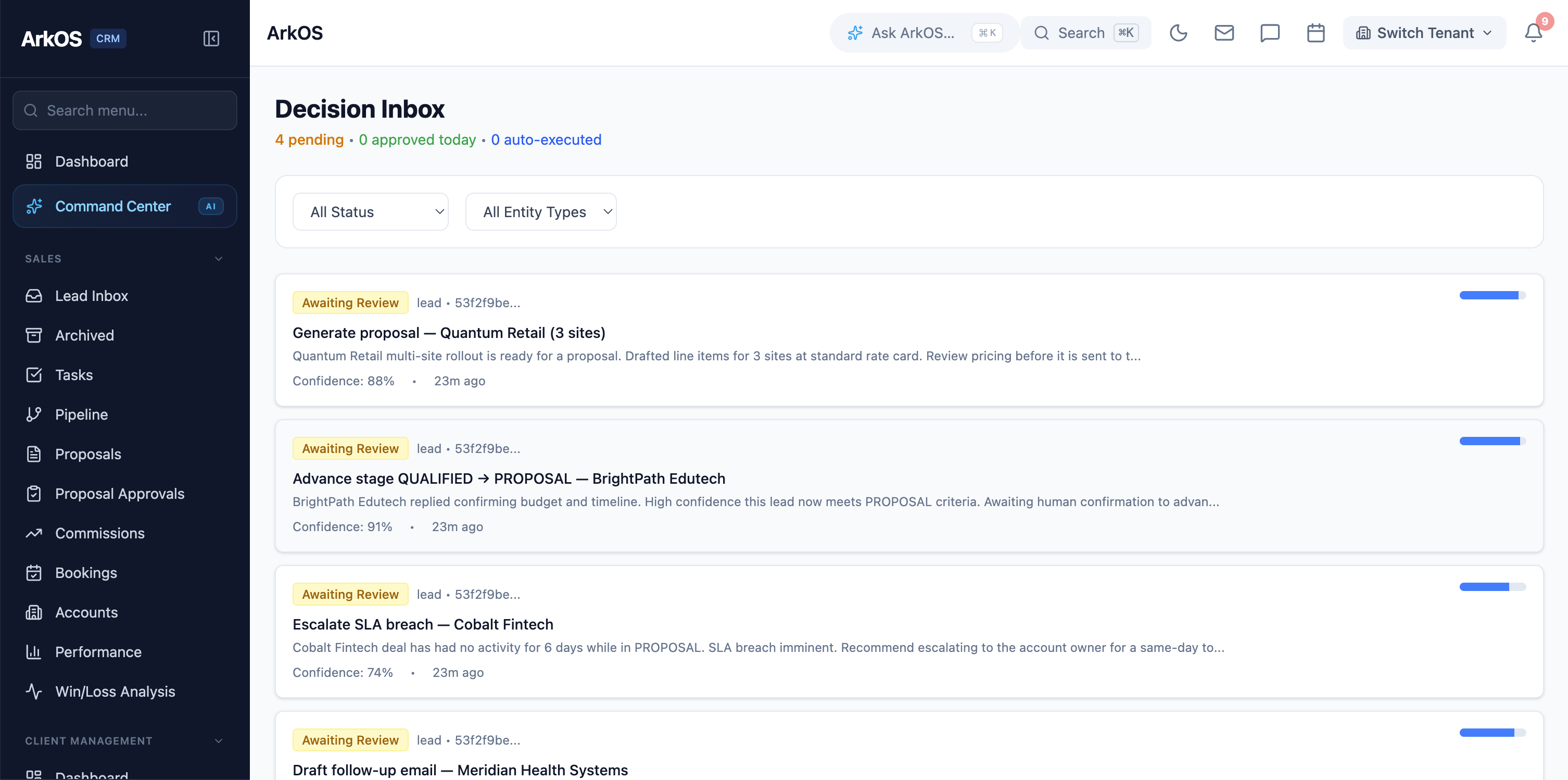 ArkOS Back-Office Operations — Decision Inbox with SLA escalations, stage advancements, and follow-up drafts pending review