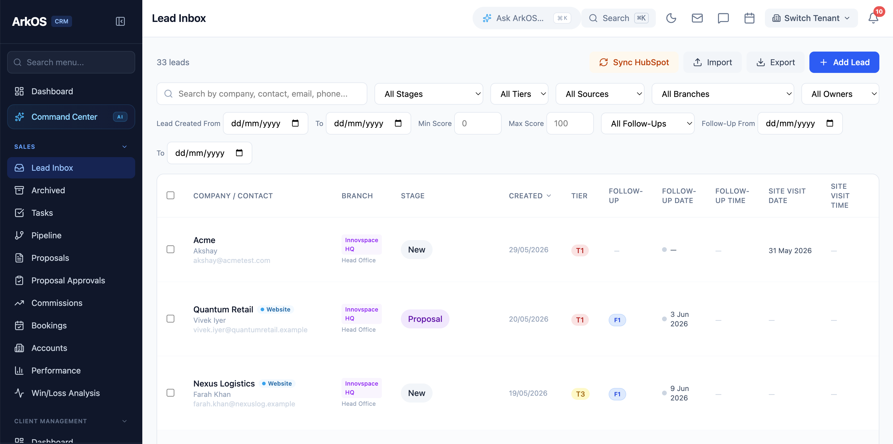 ArkOS Sales & Marketing — Lead Inbox with HubSpot sync, tier scoring, and follow-up scheduling