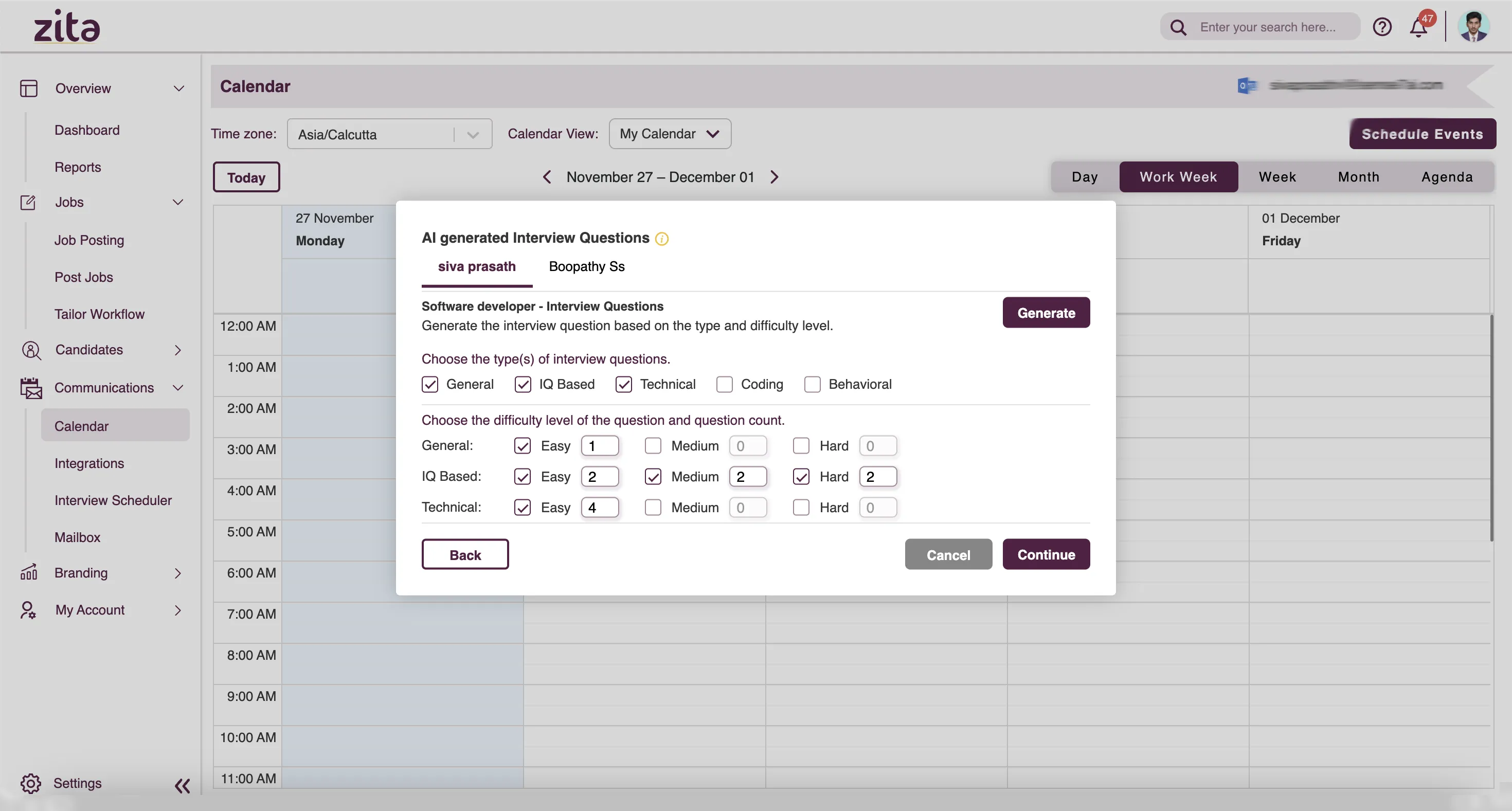 Zita AI interview question generator — general, behavioural, and technical categories