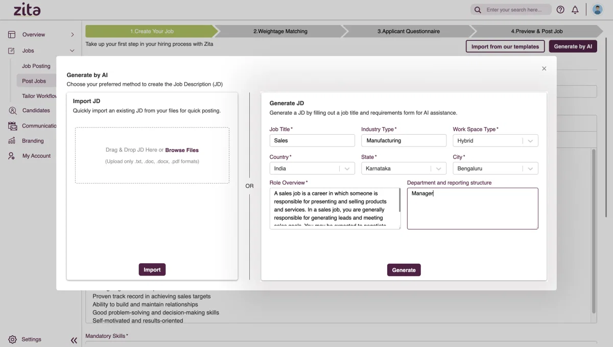 Zita Generate by AI modal — Import JD or Generate JD from job title, industry, role overview, and reporting structure